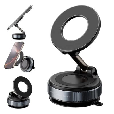2025 magnetic aluminum phone holder – foldable alloy mount with strong suction base for desk, wall, car & dashboard use