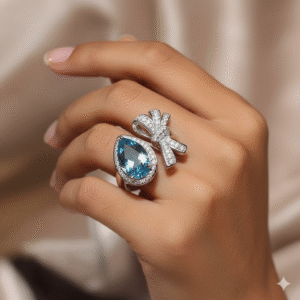 sea blue zircon bowknot adjustable luxury ring for women
