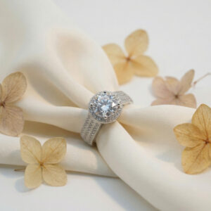 celeste halo brilliance ring – platinum plated zircon cluster statement ring for women