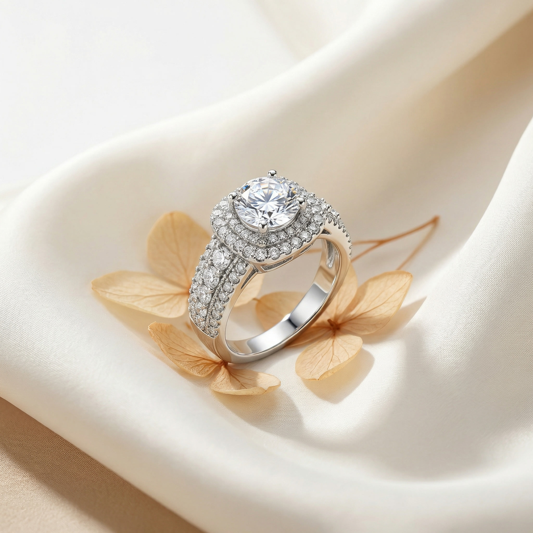 celeste halo brilliance ring – platinum plated zircon cluster statement ring for women