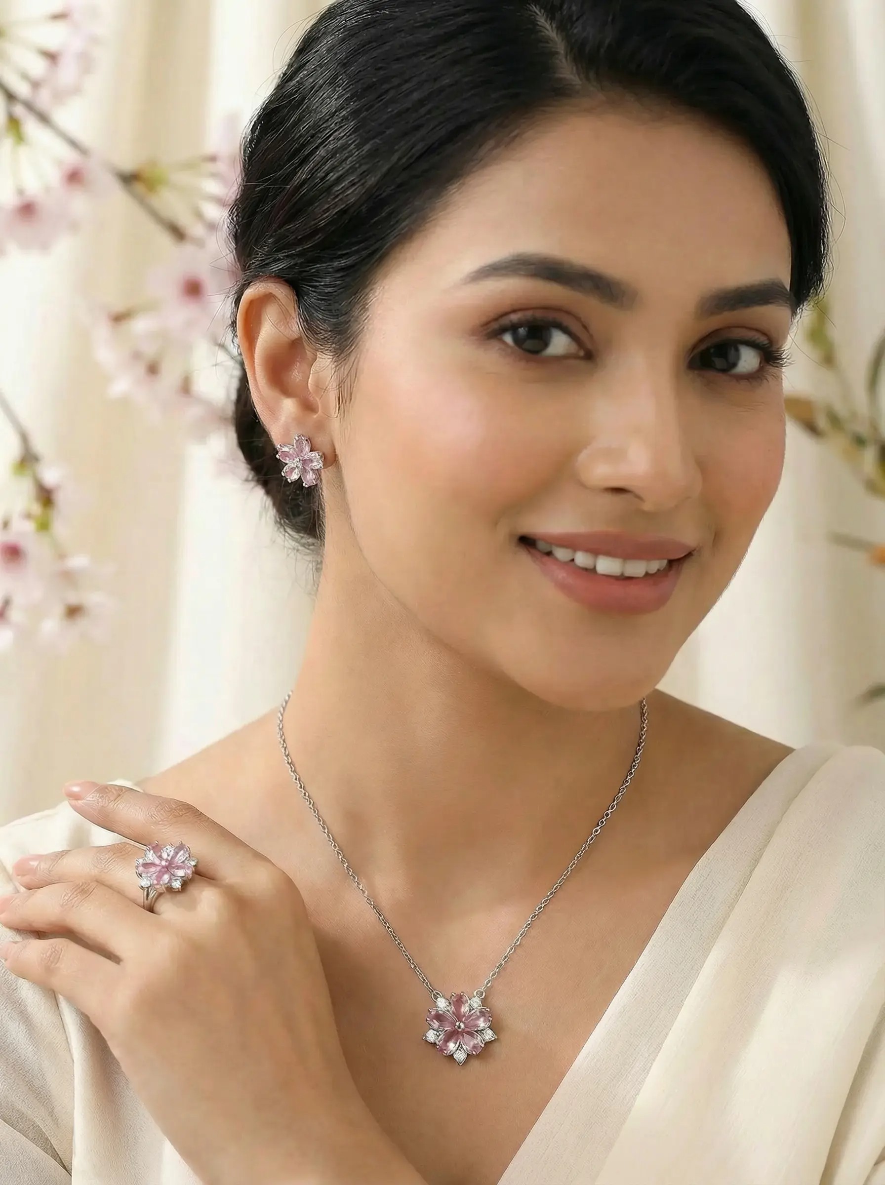 blossom radiance pink zircon flower necklace – platinum plated trendy charm for women blossom radiance pink zircon flower necklace – platinum plated trendy charm for women