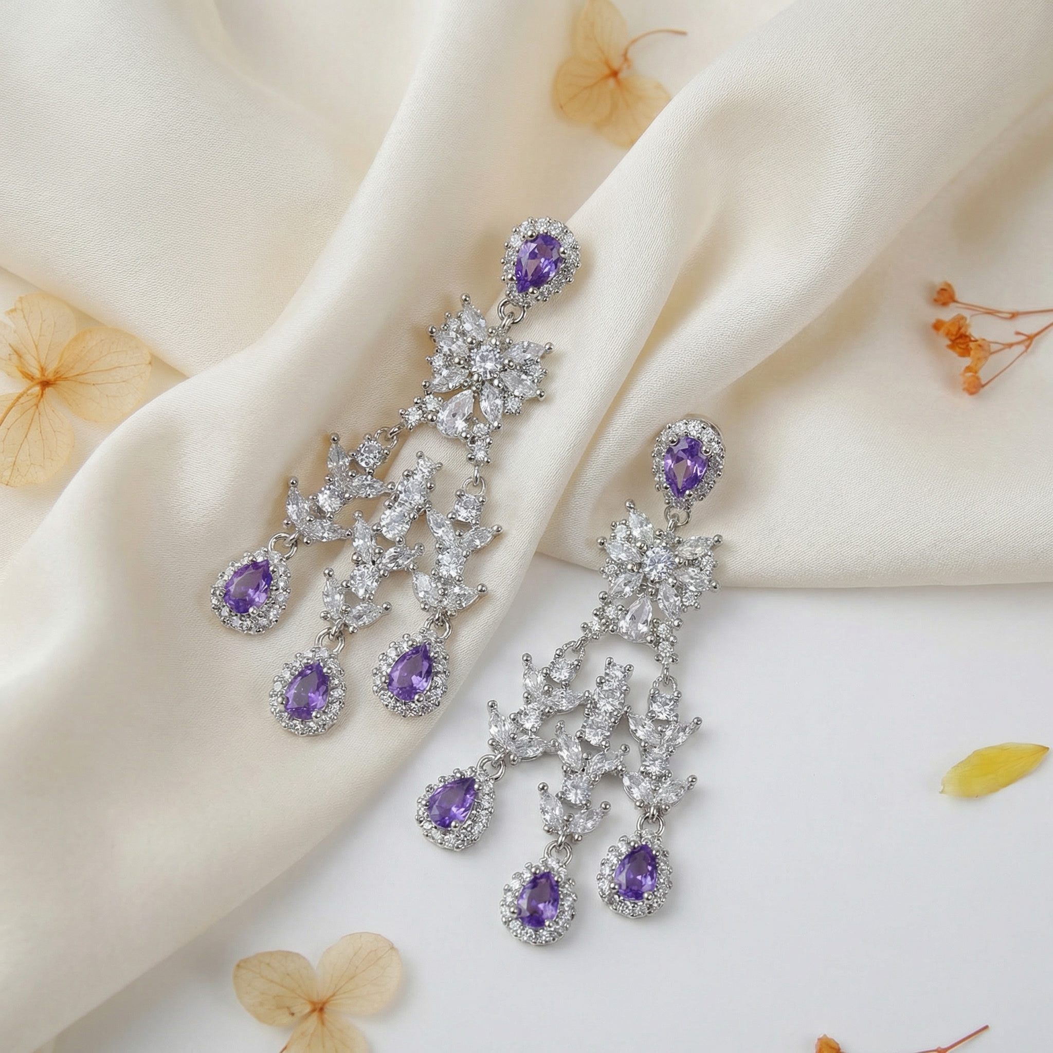 royal bloom chandelier earrings – platinum plated blue zircon floral drops for women royal bloom chandelier earrings – platinum plated blue zircon floral drops for women