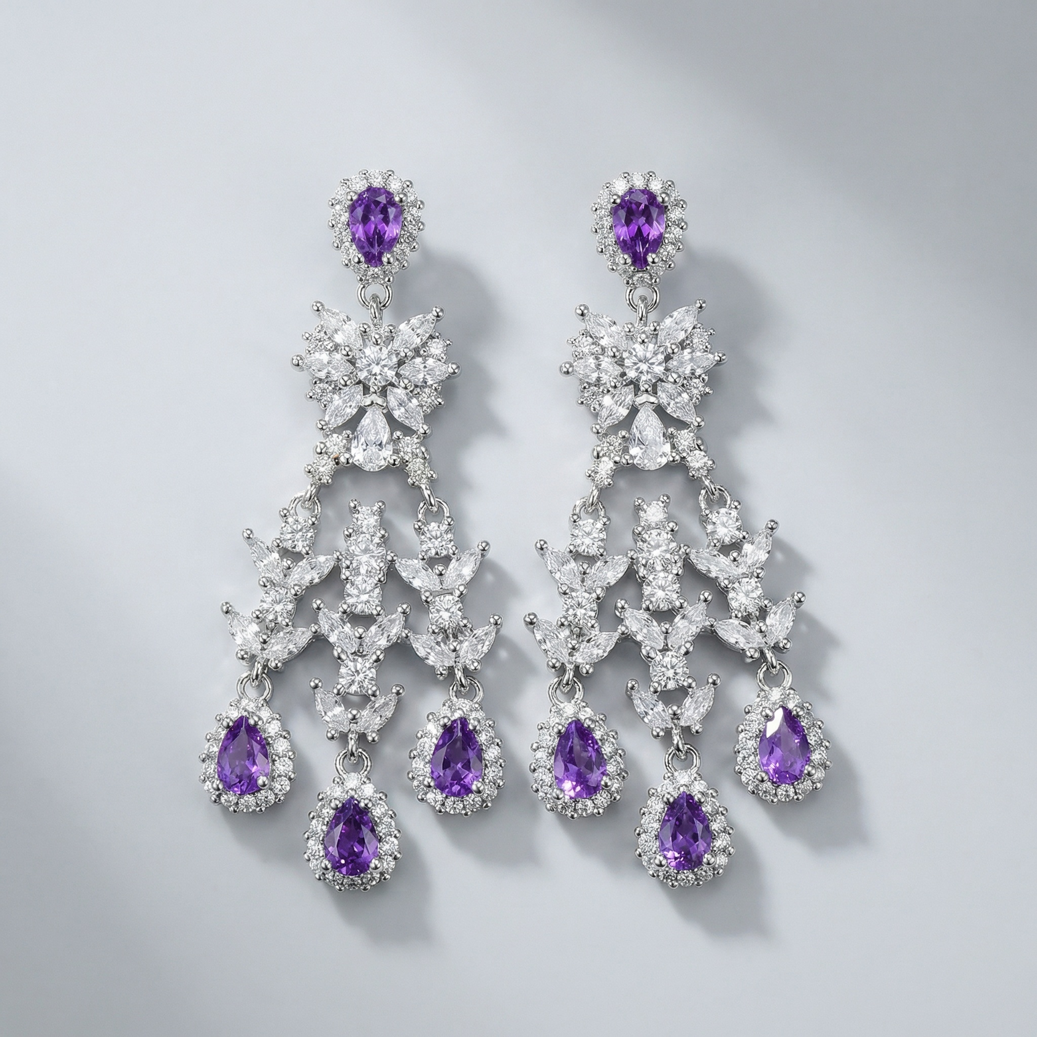 royal bloom chandelier earrings – platinum plated blue zircon floral drops for women