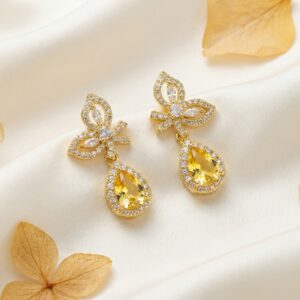 golden bloom zircon drop earrings – 18k gold plated floral elegance