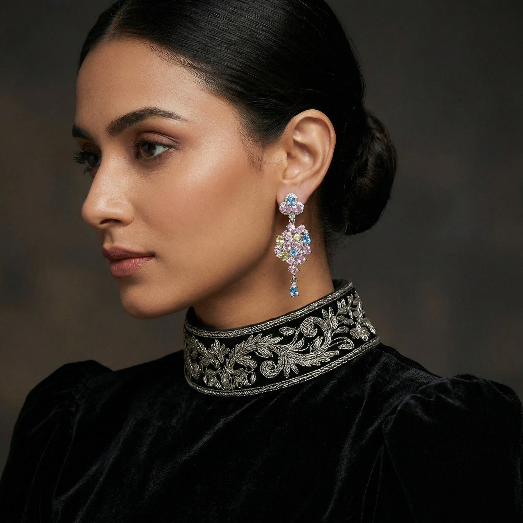 aurora garden luxe drops – platinum plated multicolor zircon statement earrings