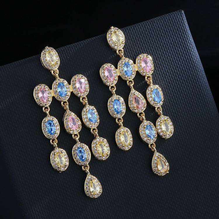 aurora boho cascade drops – 18k gold plated multicolor oval zircon tassel earrings