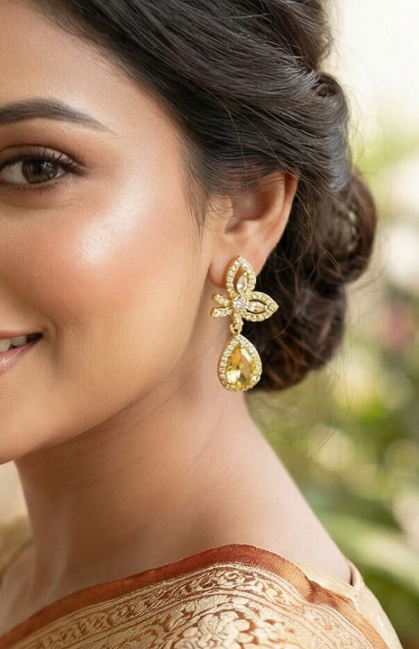 golden bloom zircon drop earrings – 18k gold plated floral elegance