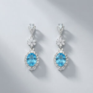 azure halo elegance drops – platinum plated oval blue zircon earrings