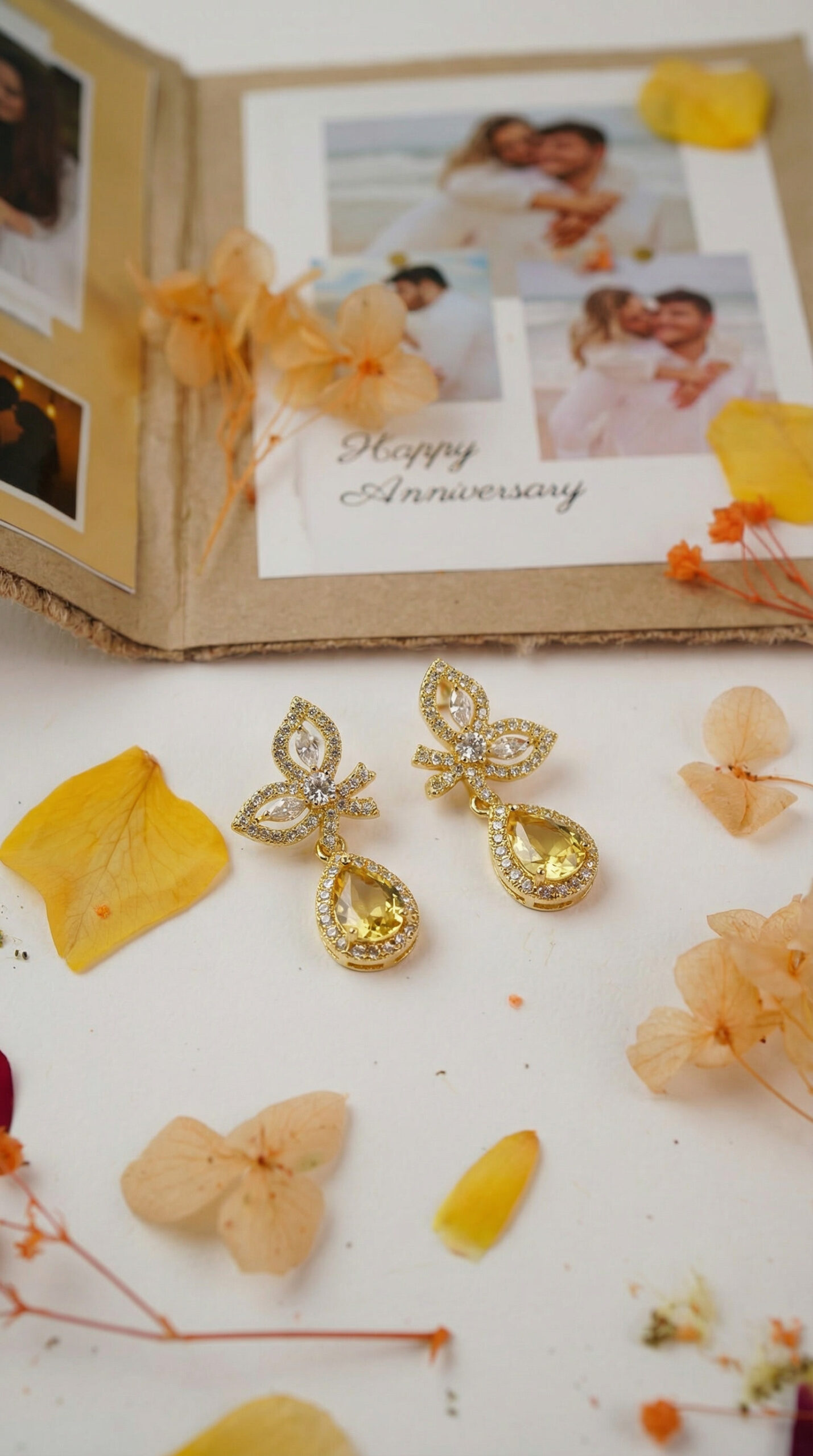 golden bloom zircon drop earrings – 18k gold plated floral elegance