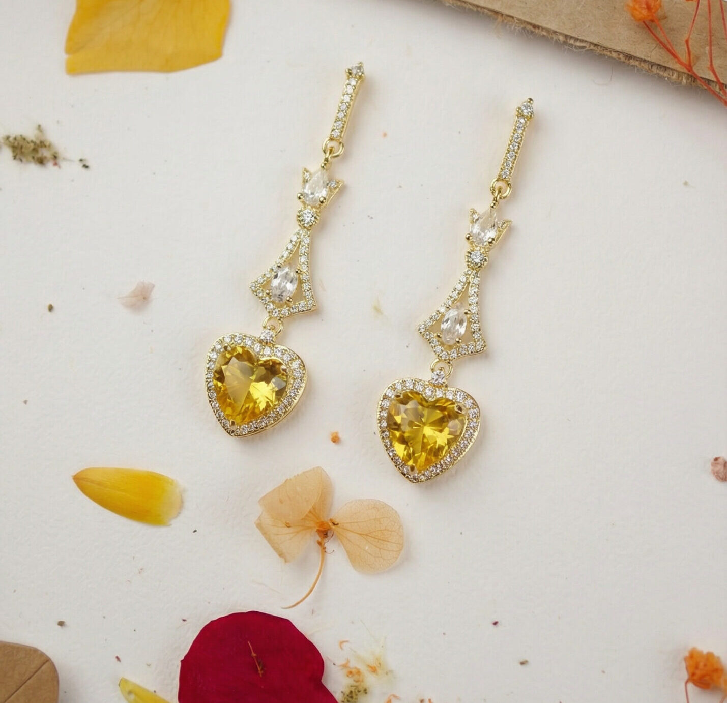 golden heart radiance drop earrings – 18k gold plated yellow zircon elegance