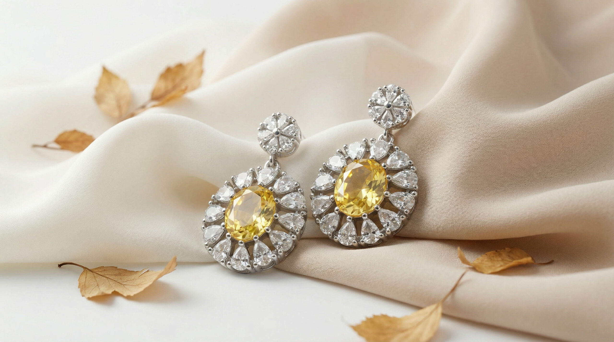 golden aura bloom drops – luxury yellow zircon oval silver earrings