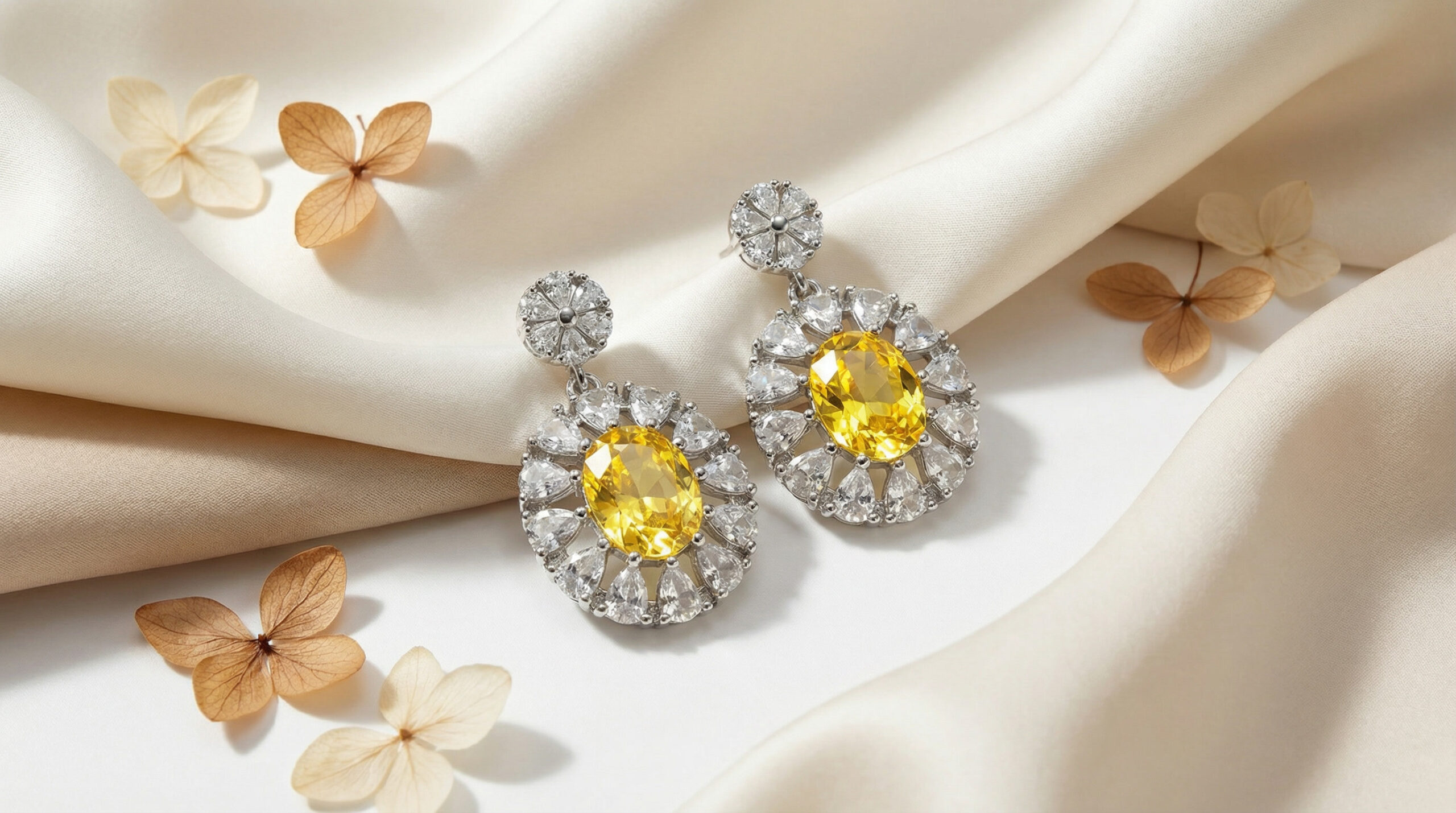 golden aura bloom drops – luxury yellow zircon oval silver earrings