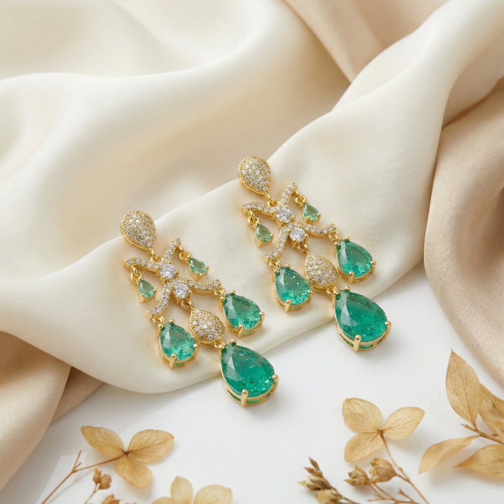 emerald cascade luxe drops – vintage inspired platinum plated zircon tassel earrings