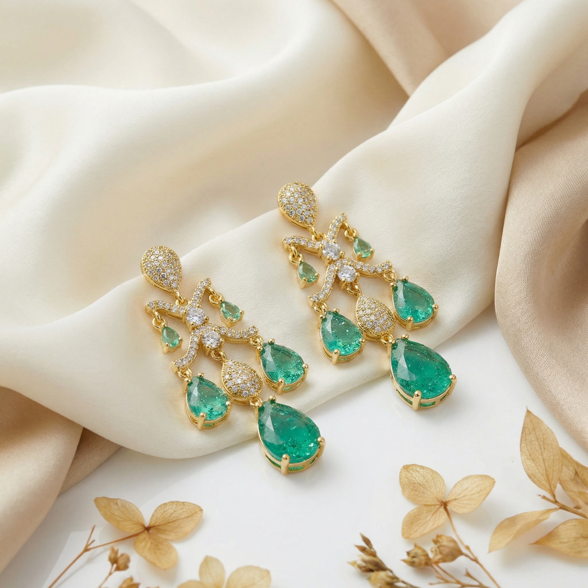 emerald cascade luxe drops – vintage inspired platinum plated zircon tassel earrings