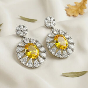 golden aura bloom drops – luxury yellow zircon oval silver earrings
