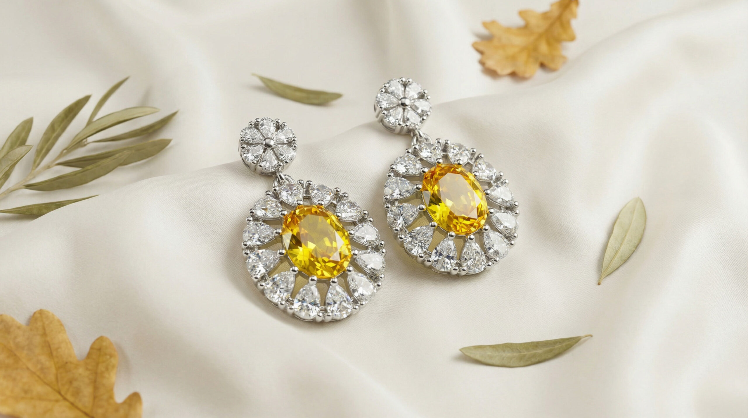 golden aura bloom drops – luxury yellow zircon oval silver earrings