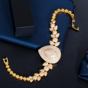 royal dewdrop radiance – 18k gold plated cz leaf charm statement bracelet