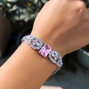 royal blush princess cut cz bracelet – rhodium plated bridal statement with pink zircon sparkle