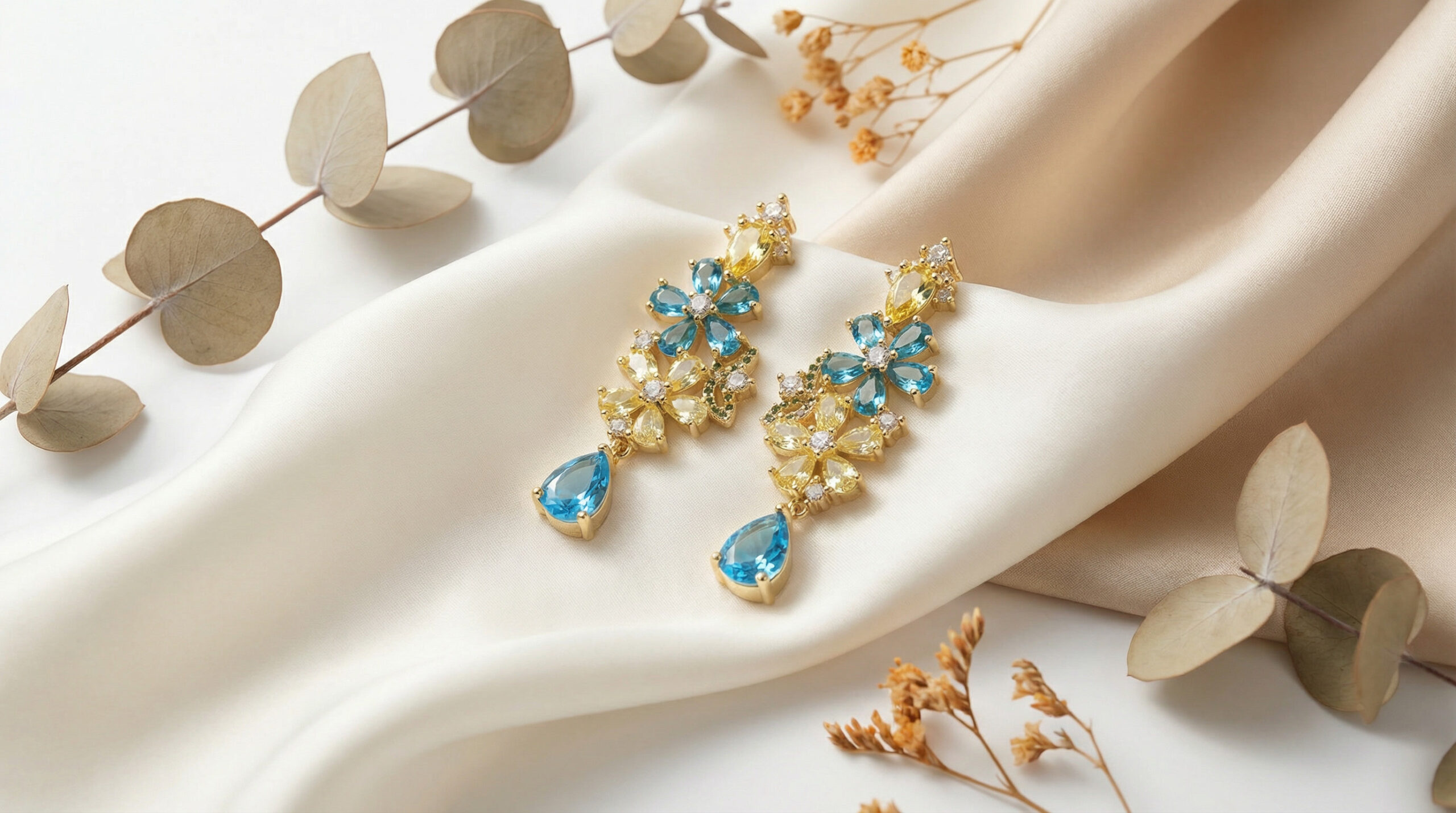 ocean bloom luxe drop earrings – 18k gold plated multicolor zircon floral elegance