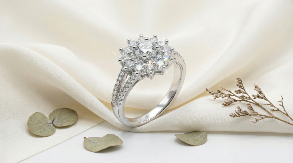 aurora bloom platinum plated zircon cluster ring – radiant floral statement for women