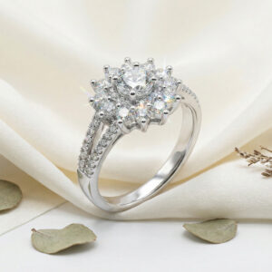 aurora bloom platinum plated zircon cluster ring – radiant floral statement for women