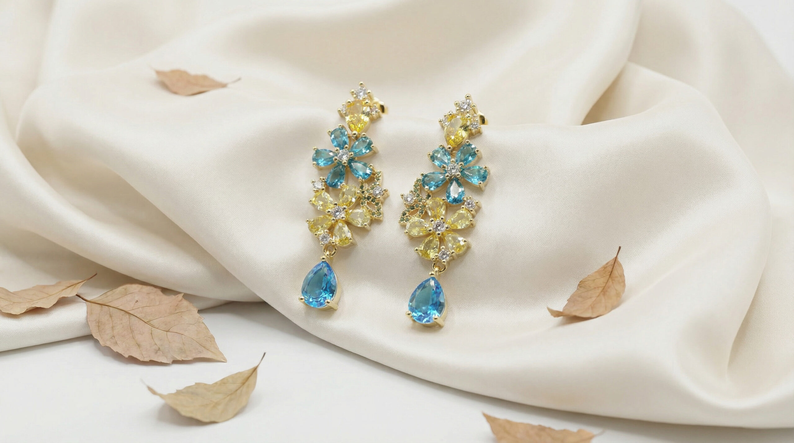 ocean bloom luxe drop earrings – 18k gold plated multicolor zircon floral elegance