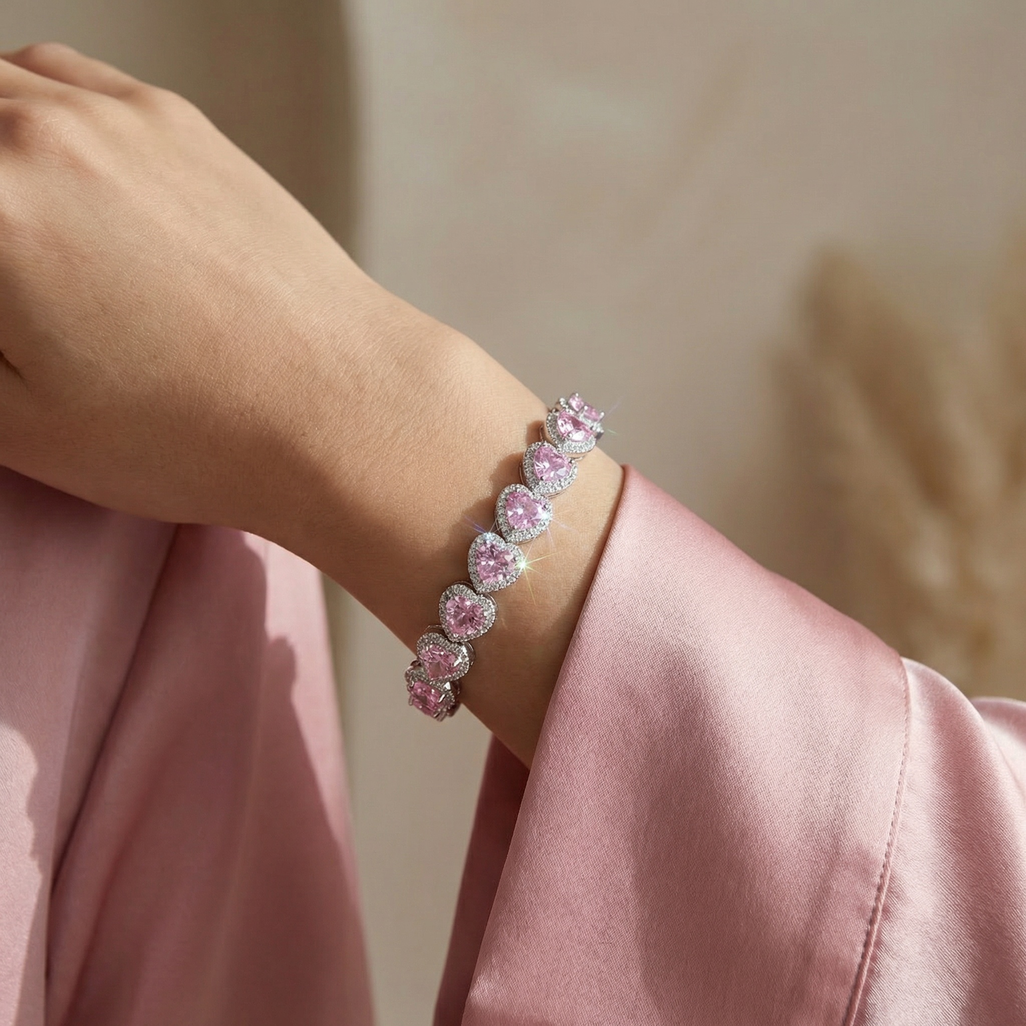 royal blush princess cut cz bracelet – rhodium plated bridal statement with pink zircon sparkle