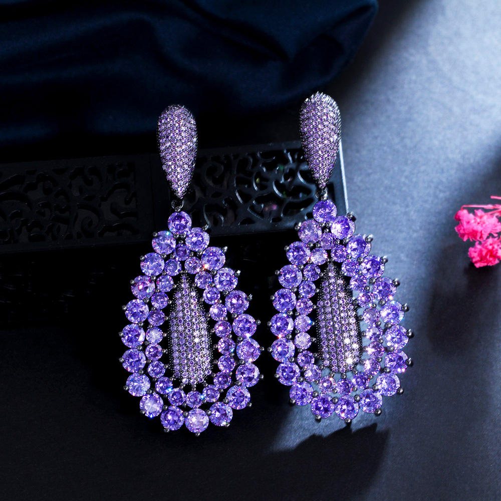 luxury purple crystal bridal statement earrings