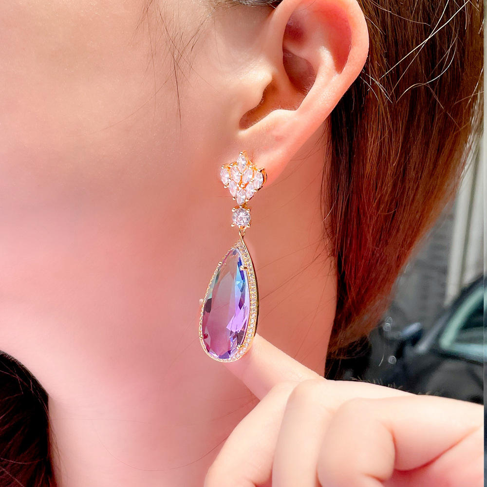 aurora rainbow crystal teardrop earrings – gold plated zircon luxury long drop statement earrings