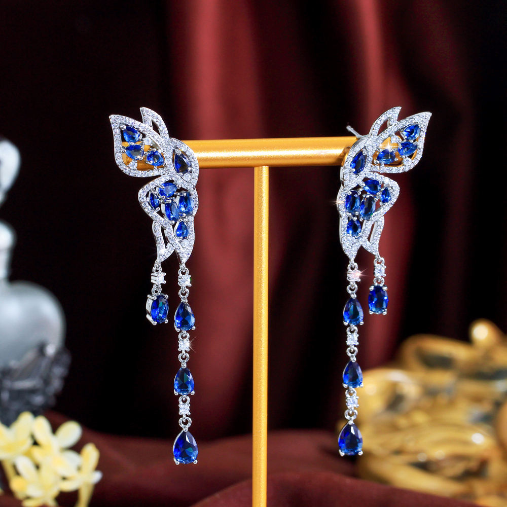 luxury blue cz zirconia bridal dangle earrings