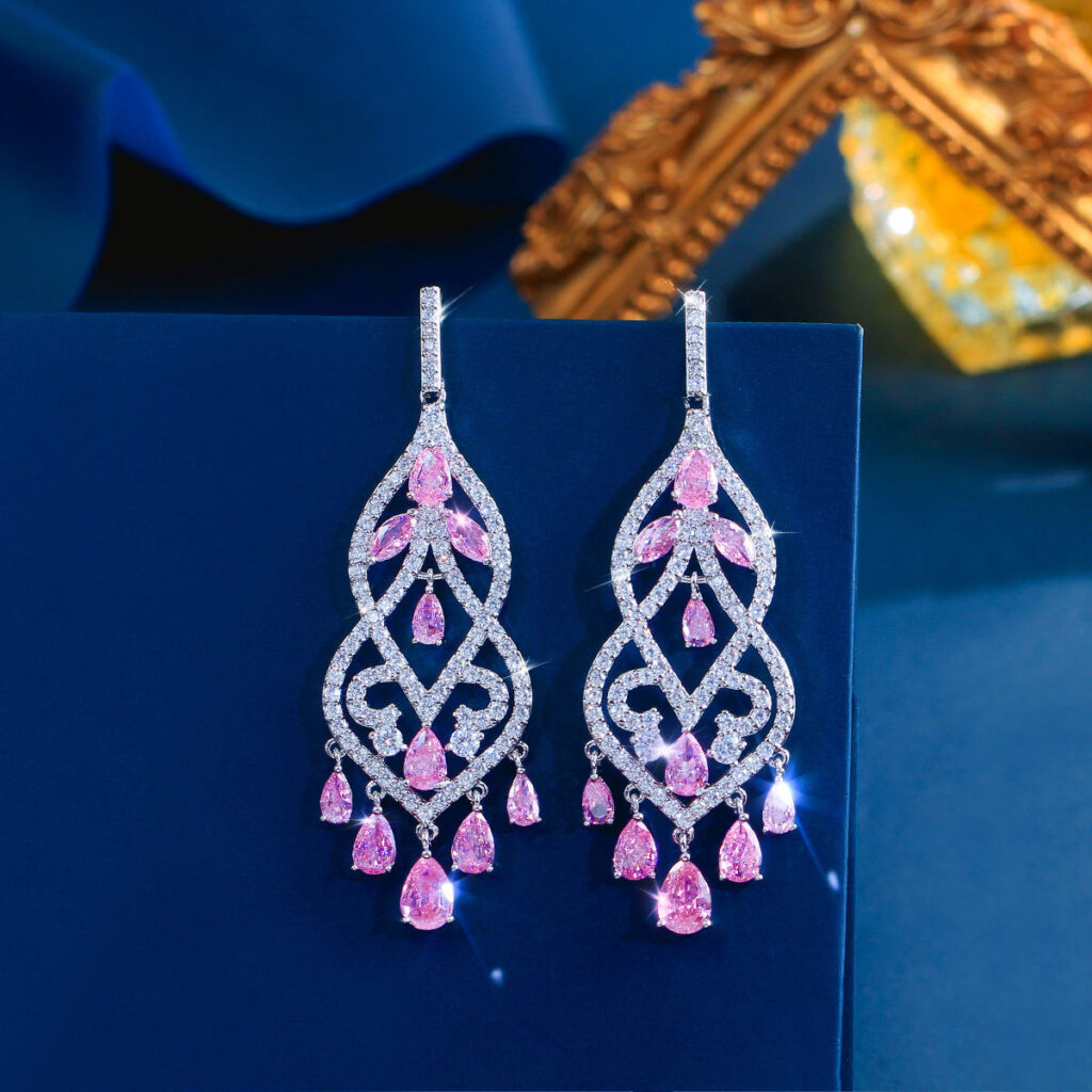 luxury pink pear cut cz chandelier drop earrings – rhodium plated elegant party & bridal statement jewelry