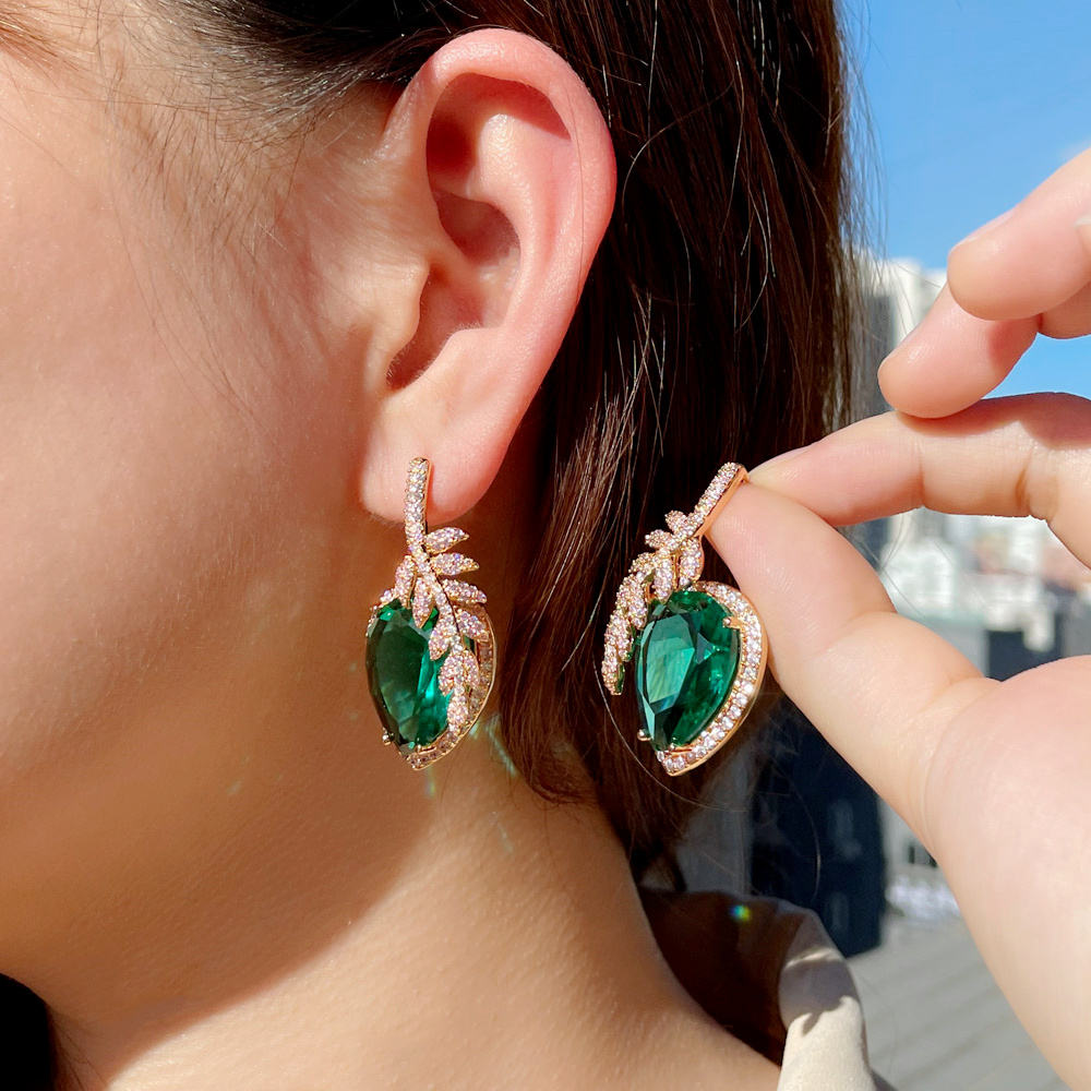 emerald dewdrop leaf zircon drop earrings – luxury water drop crystal statement earrings for women