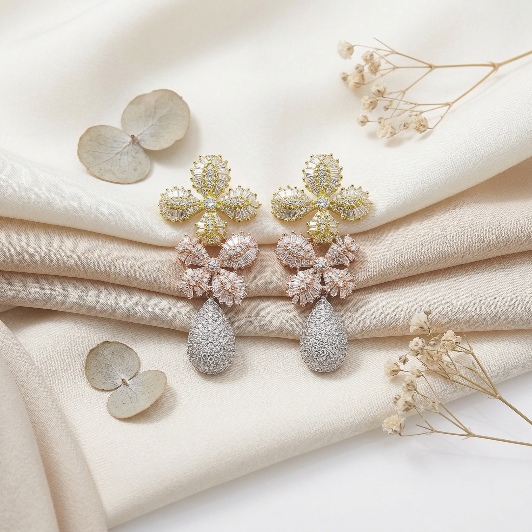 royal trinity sparkle – multi tone gold plated cubic zirconia bridal water drop statement earrings